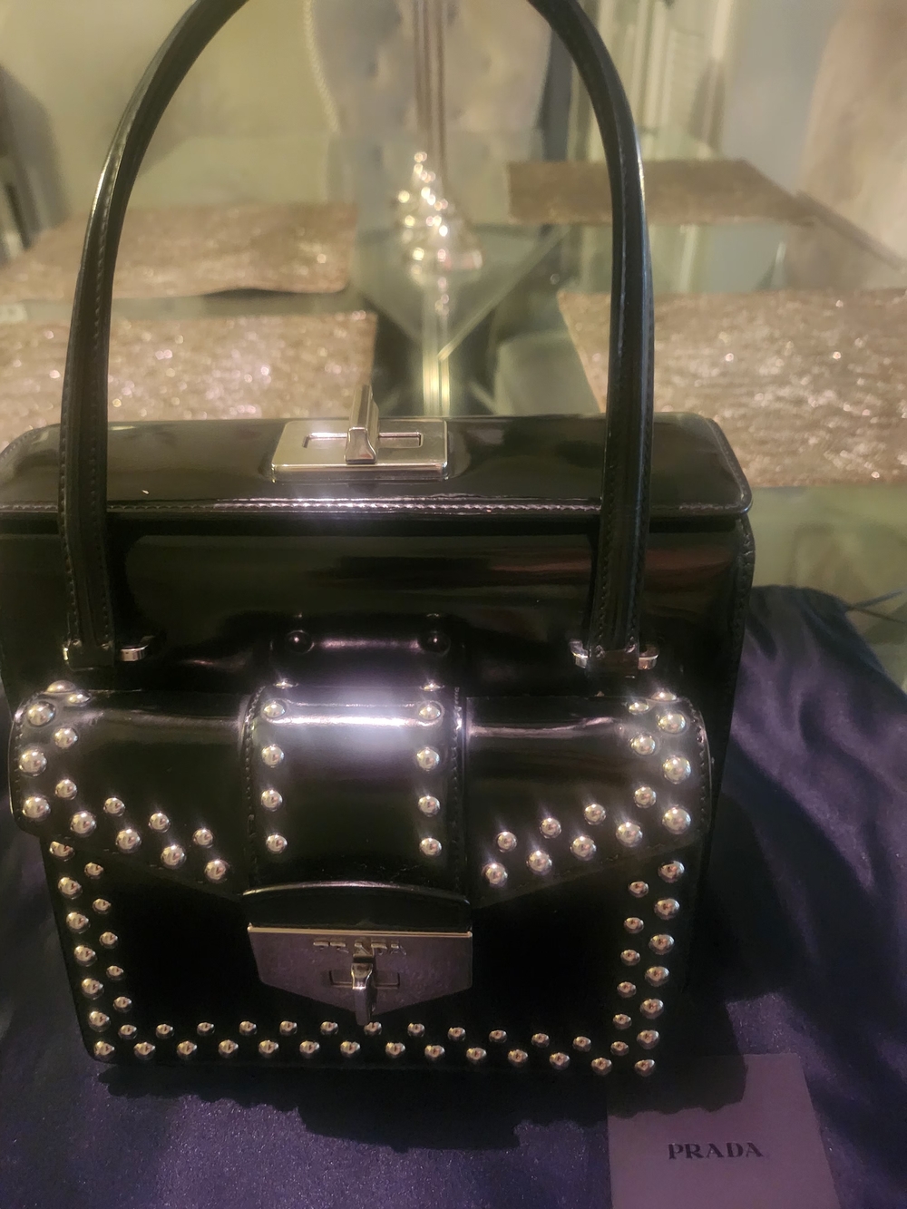 Prada Black Studded Patent Leather Top-Handle Bag